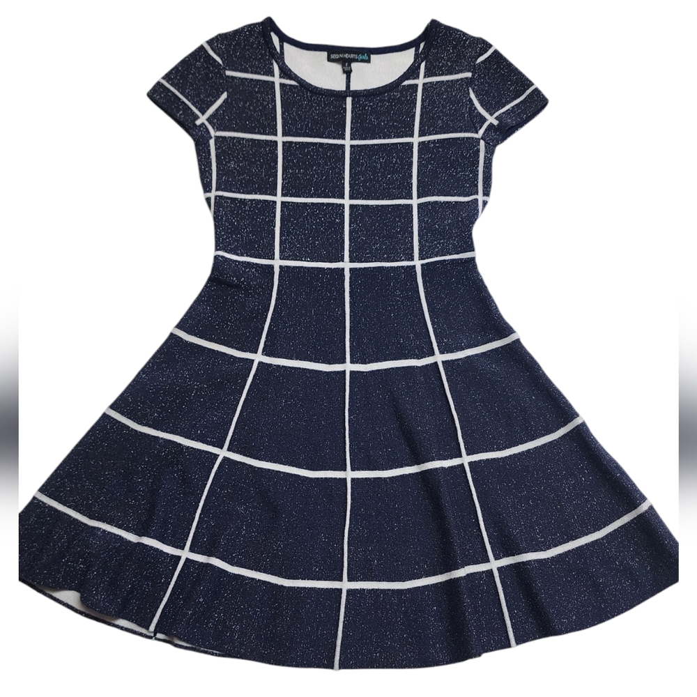 Sequin Hearts Stylish Kids Dress in Black and White Checkered Pattern Size Small